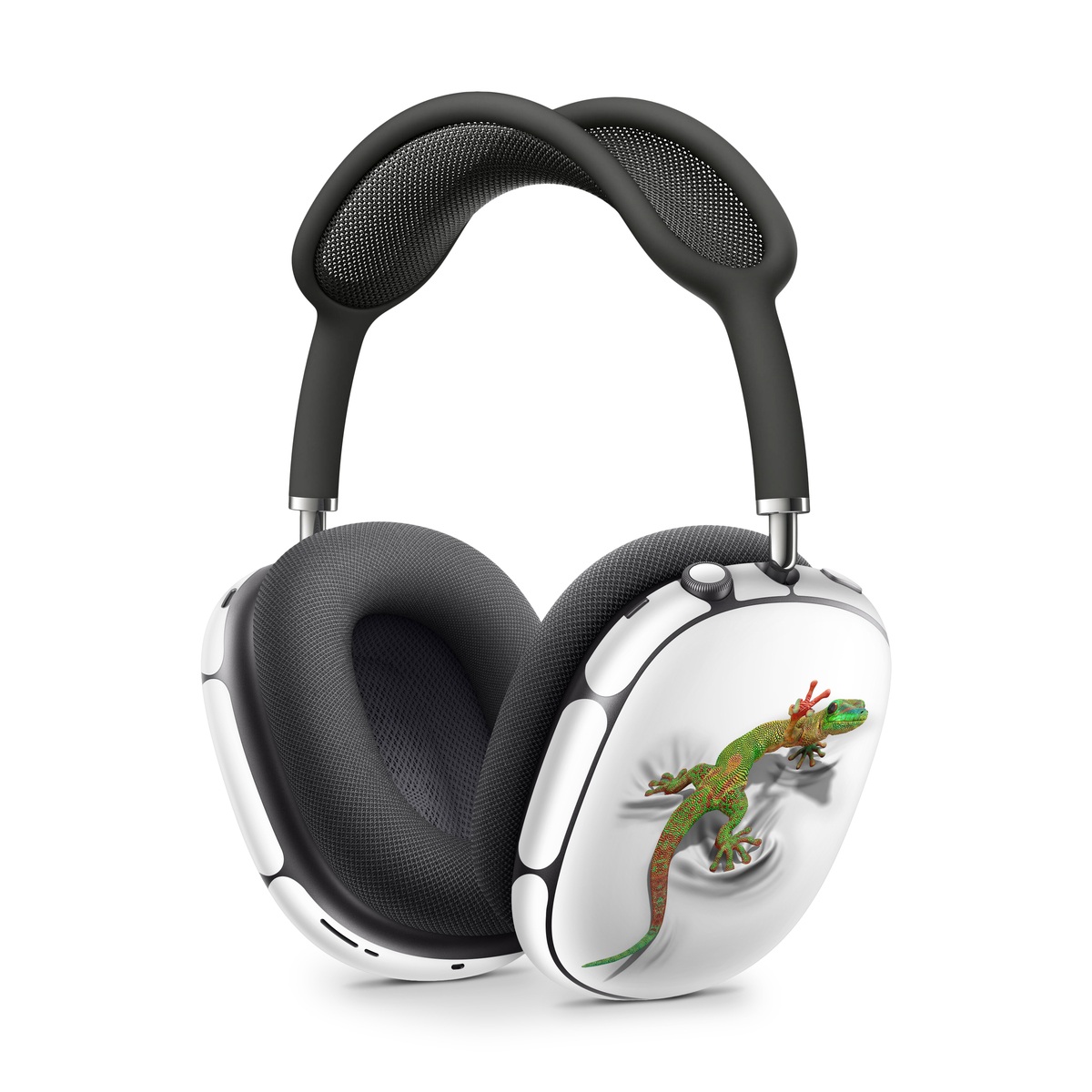 Apple AirPods Max Skin design of Lizard, Reptile, Gecko, Scaled reptile, Green, Iguania, Animal figure, Wall lizard, Fictional character, Iguanidae, with white, gray, black, red, green colors