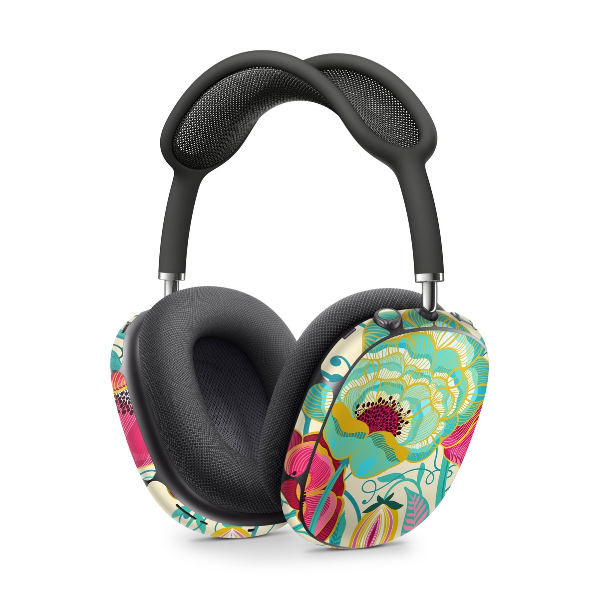 Apple AirPods Max Skin design of Plant, Botany, Textile, Pink, Creative arts, Petal, Magenta, Art, Pattern, Rectangle, with white, red, pink, yellow, green, blue, black colors