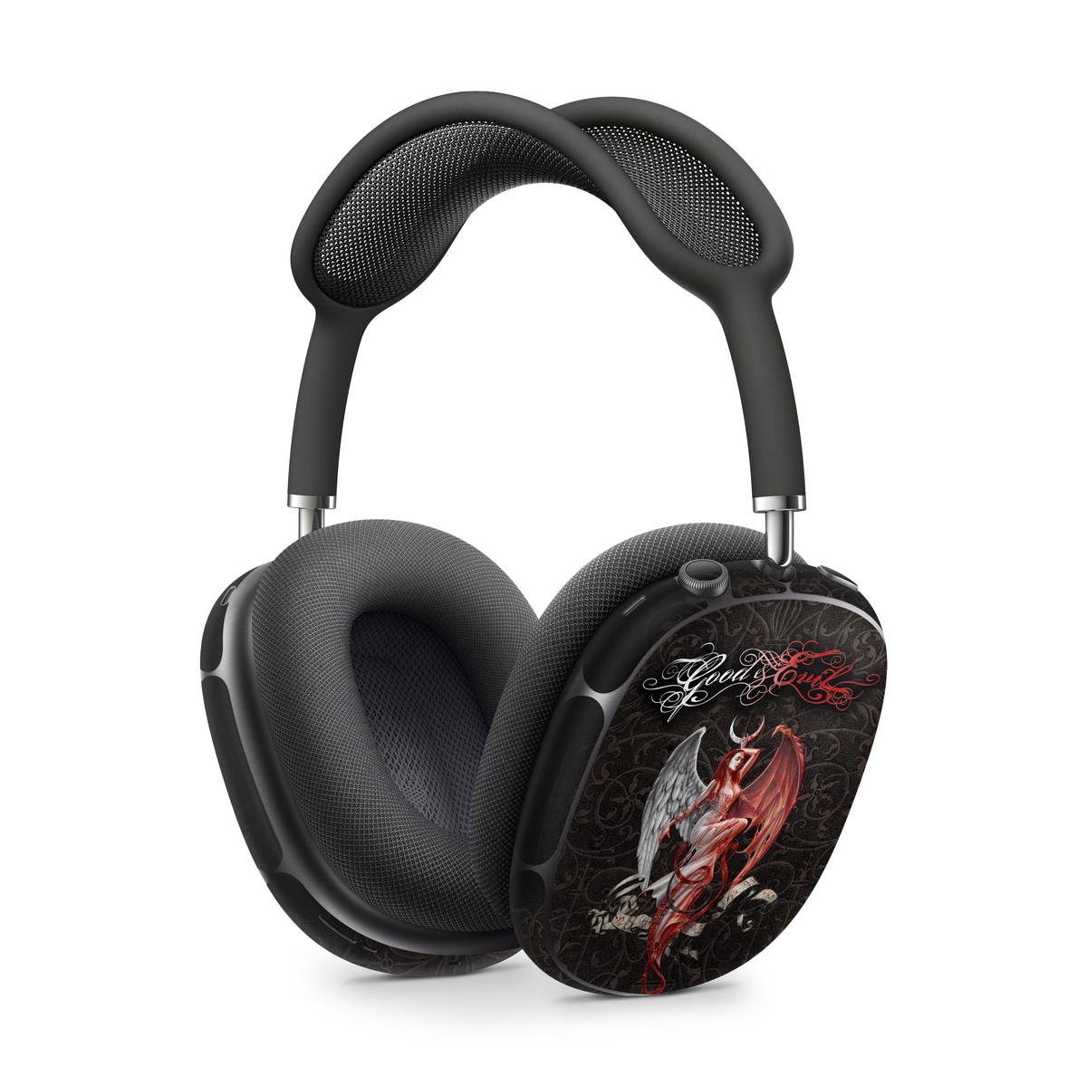 Apple AirPods Max Skin design of Illustration, Fictional character, Graphic design, Supernatural creature, Demon, Cg artwork, Art, Mythology, Angel, Wing, with black, white, red colors