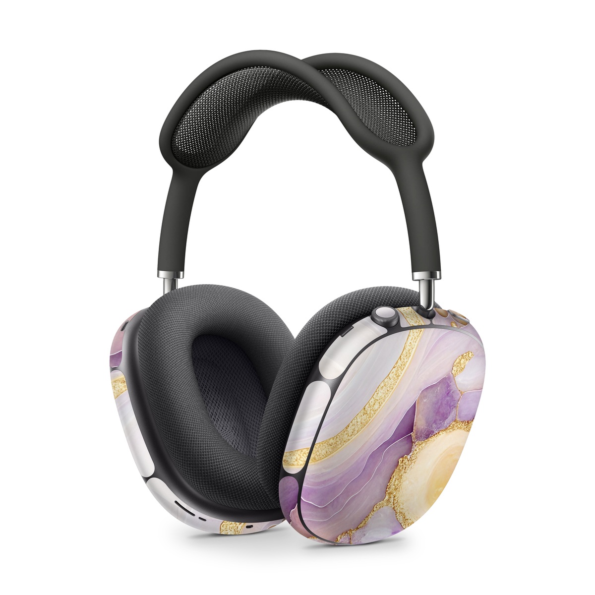 Apple AirPods Max Skin design of Purple, Dishware, Violet, Art, Pattern, Serveware, Painting, Metal, Circle, Ceiling, with purple, white, yellow, orange colors