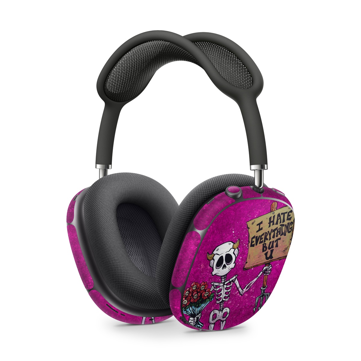 Apple AirPods Max Skin design of Purple, Pink, Violet, Magenta, Font, Tints and shades, Art, Electric blue, Skull, Rectangle, with white, gray, pink, red, green, brown, black colors