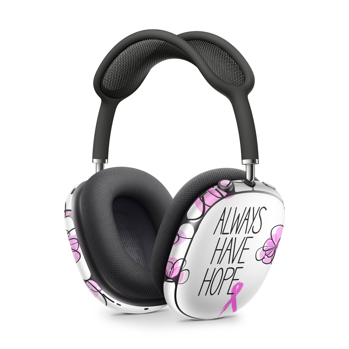 Apple AirPods Max Skin design of Pink, Purple, Text, Petal, Line, Magenta, Leaf, Design, Pattern, Plant, with white, gray, pink, black, purple colors