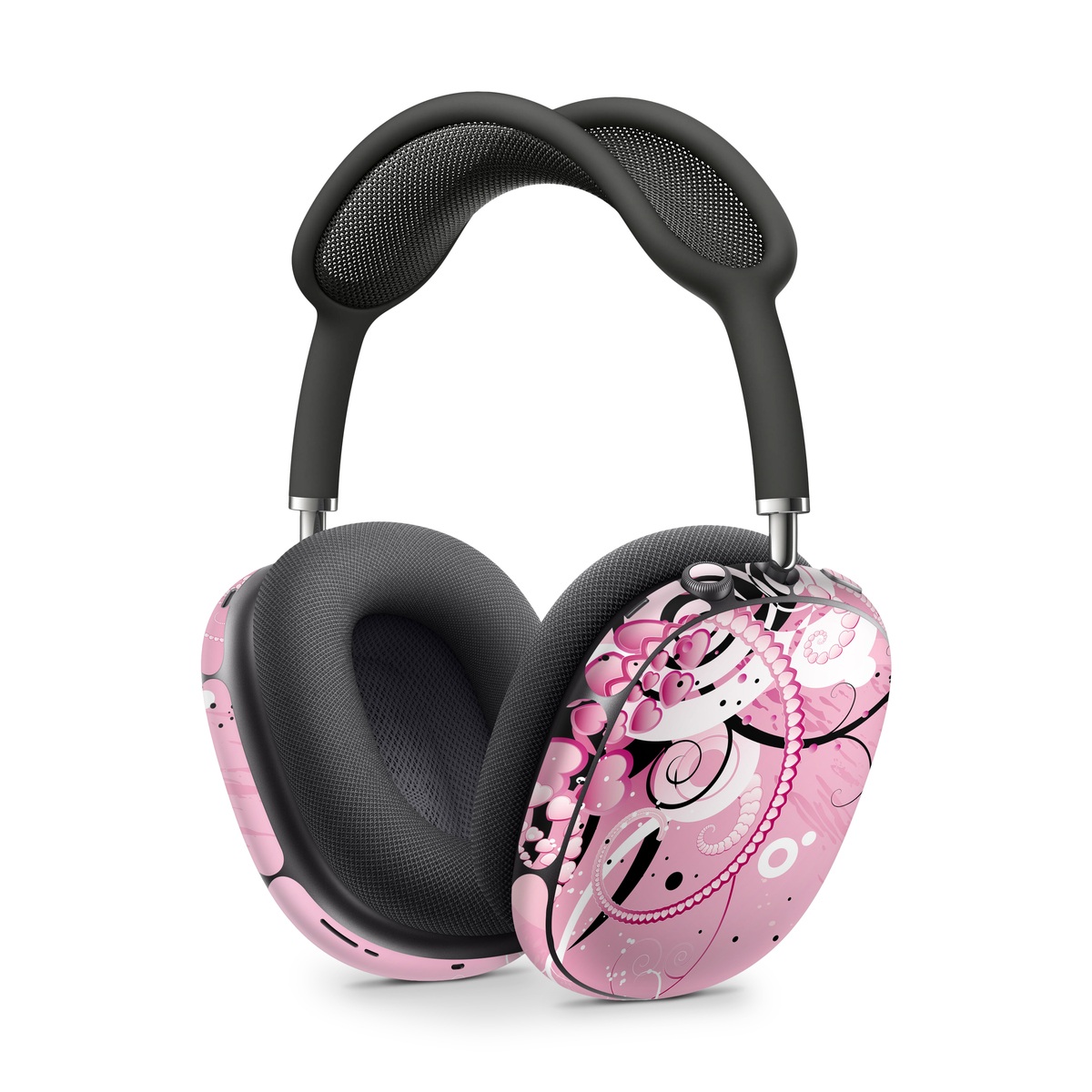 Apple AirPods Max Skin design of Pink, Floral design, Graphic design, Text, Design, Flower Arranging, Pattern, Illustration, Flower, Floristry, with pink, gray, black, white, purple, red colors