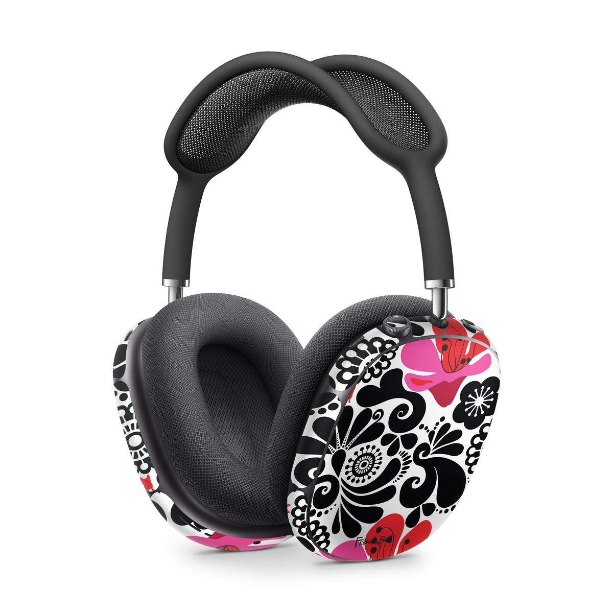 Apple AirPods Max Skin design of White, Product, Green, Botany, Petal, Textile, Pink, Creative arts, Line, Magenta, with black, white, pink, red colors