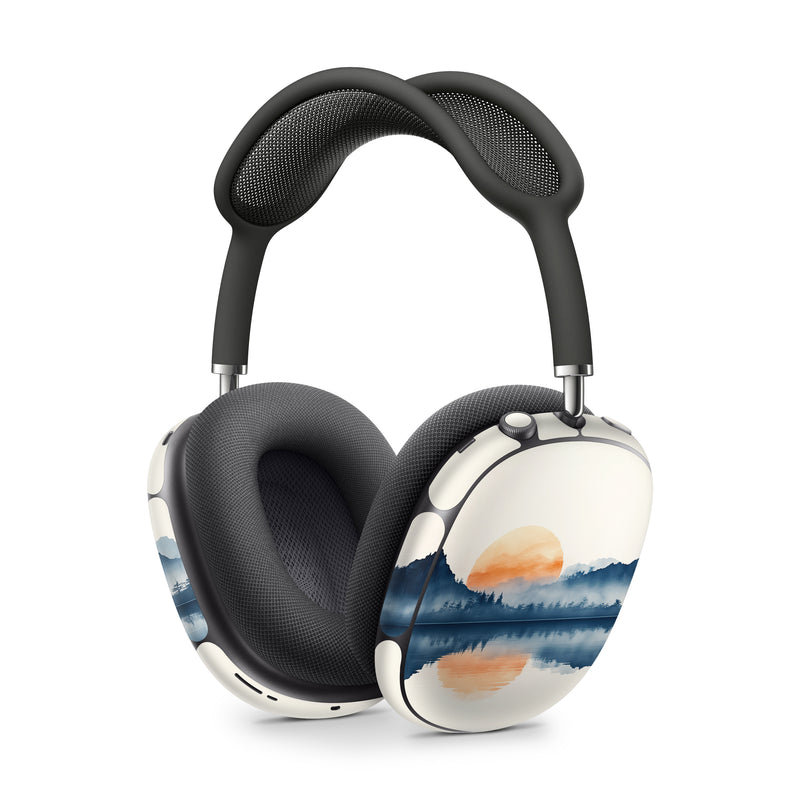 Apple AirPods Max Skin design of Water, Water resources, Sky, Mountain, Natural landscape, Lake, Atmospheric phenomenon, Landscape, Horizon, Afterglow, with black, blue, white, gray, yellow, orange, red colors