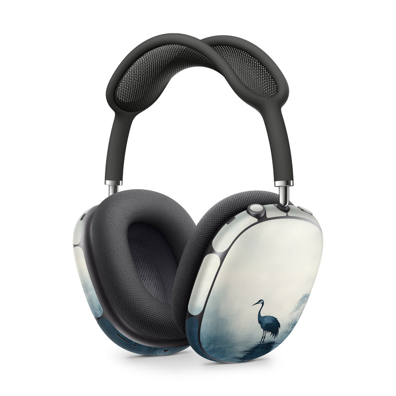 Apple AirPods Max Skin design of Bird, Water, Beak, Feather, Natural landscape, Pelecaniformes, Sky, Wing, Water bird, Heron, with black, blue, white, gray colors