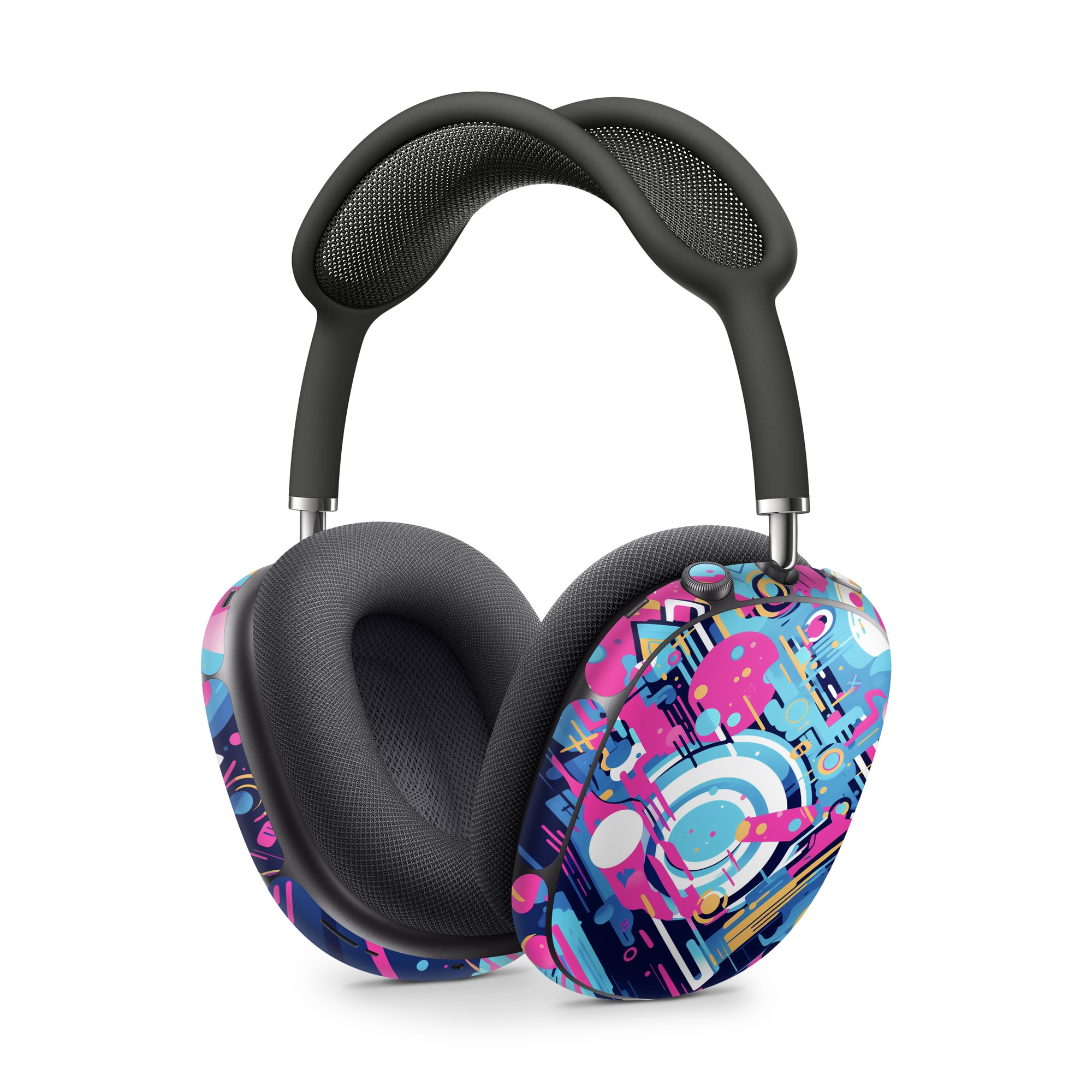 Apple AirPods Max Skin design of Colorfulness, Font, Line, Material property, Art, Magenta, Pattern, Electric blue, Circle, Graphics, with blue, pink, black, white, orange colors