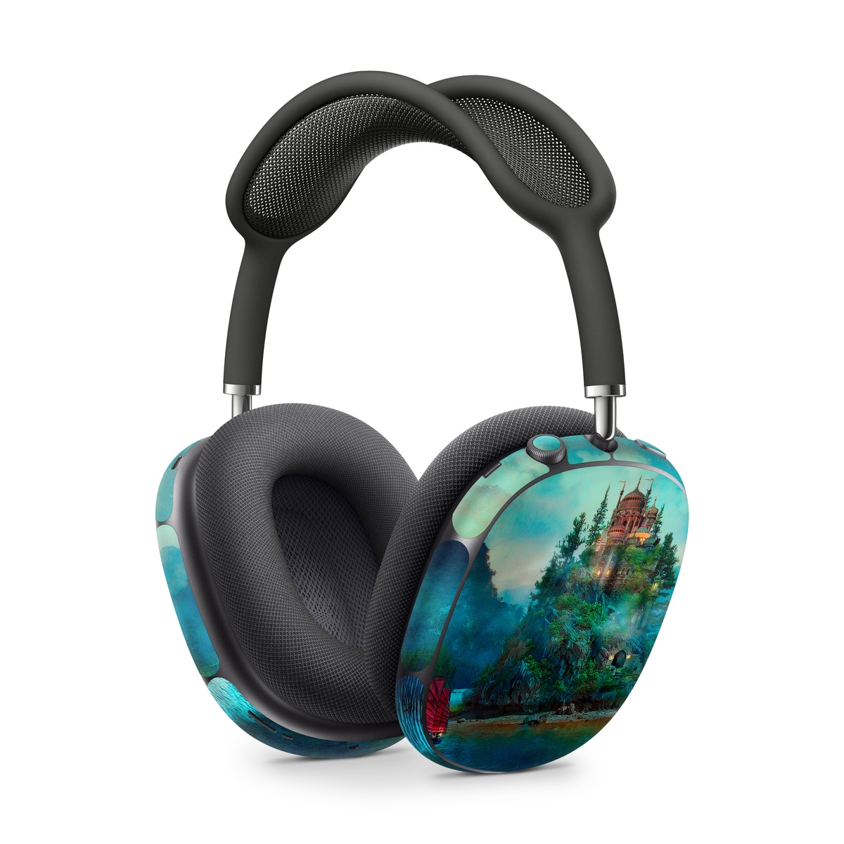 Apple AirPods Max Skin design of Nature, Natural landscape, Sky, Painting, Landscape, Illustration, Watercolor paint, Art, Calm, Water castle, with black, gray, blue, green colors