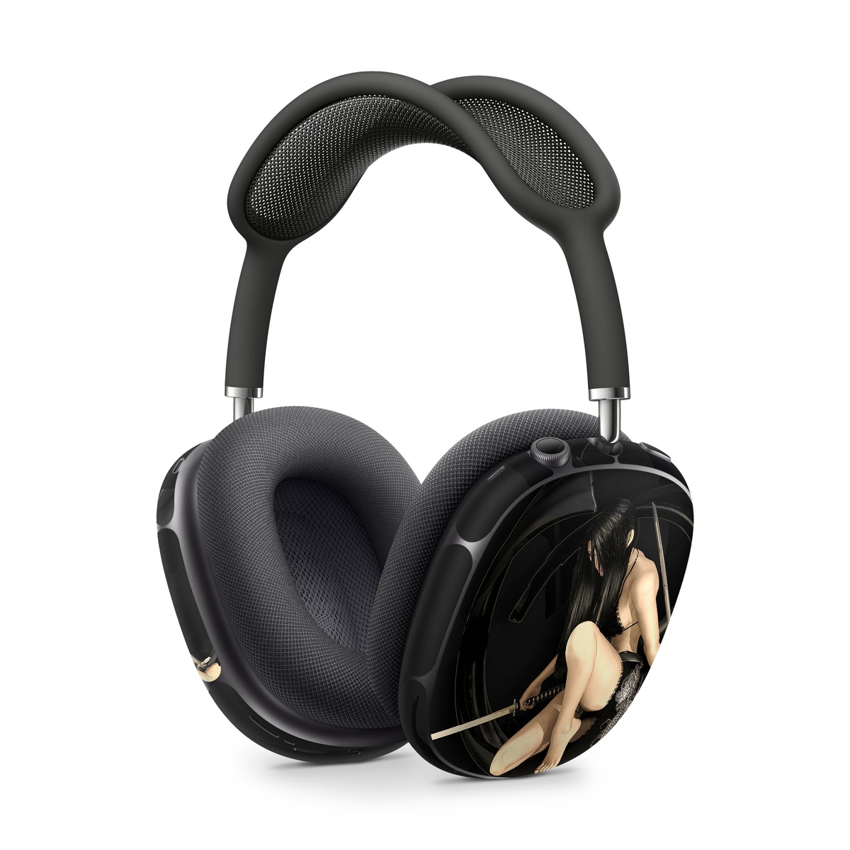 Apple AirPods Max Skin design of Black, Photography, Leg, Black hair, Cg artwork, Darkness, Fetish model, Sitting, Flash photography, with black, yellow, gray, white colors