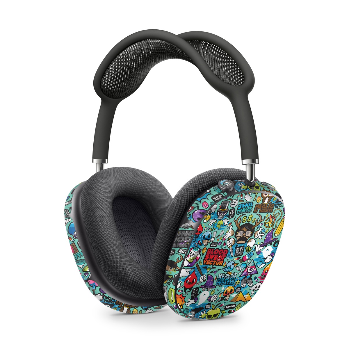 Apple AirPods Max Skin design of Cartoon, Art, Pattern, Design, Illustration, Visual arts, Doodle, Psychedelic art, with black, blue, gray, red, green colors