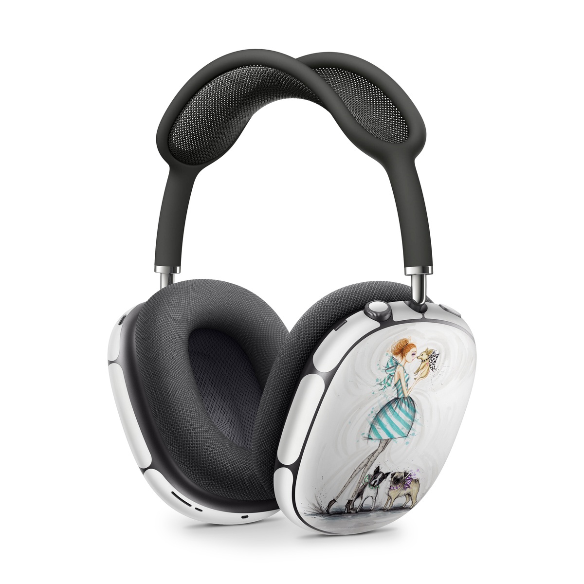 Apple AirPods Max Skin design of Illustration, Cartoon, Drawing, Art, Costume design, Fictional character, Fashion illustration, Sketch, with gray, black, white, blue, gray, yellow, brown colors