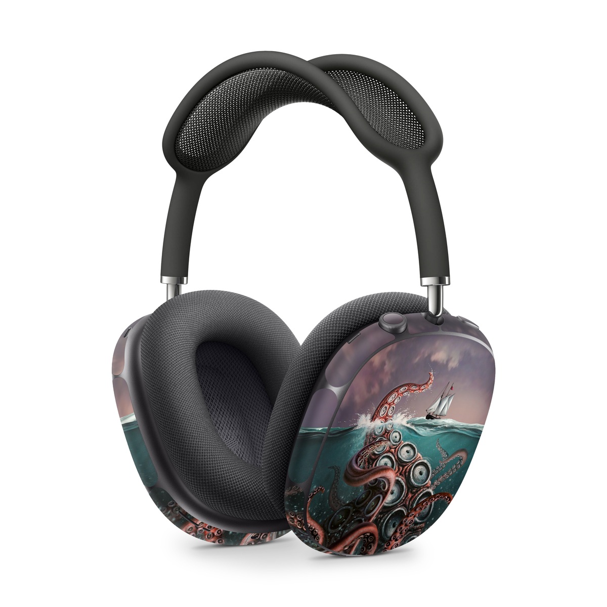 Apple AirPods Max Skin design of Octopus, Water, Illustration, Wind wave, Sky, Graphic design, Organism, Cephalopod, Cg artwork, giant pacific octopus, with blue, gray, white, brown, red colors