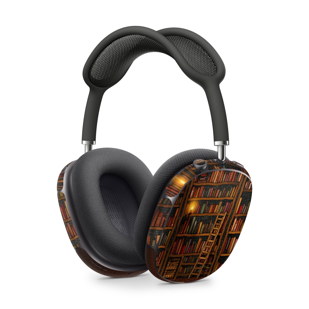 Apple AirPods Max Skin design of Shelving, Library, Bookcase, Shelf, Furniture, Book, Building, Publication, Room, Darkness, with black, red colors