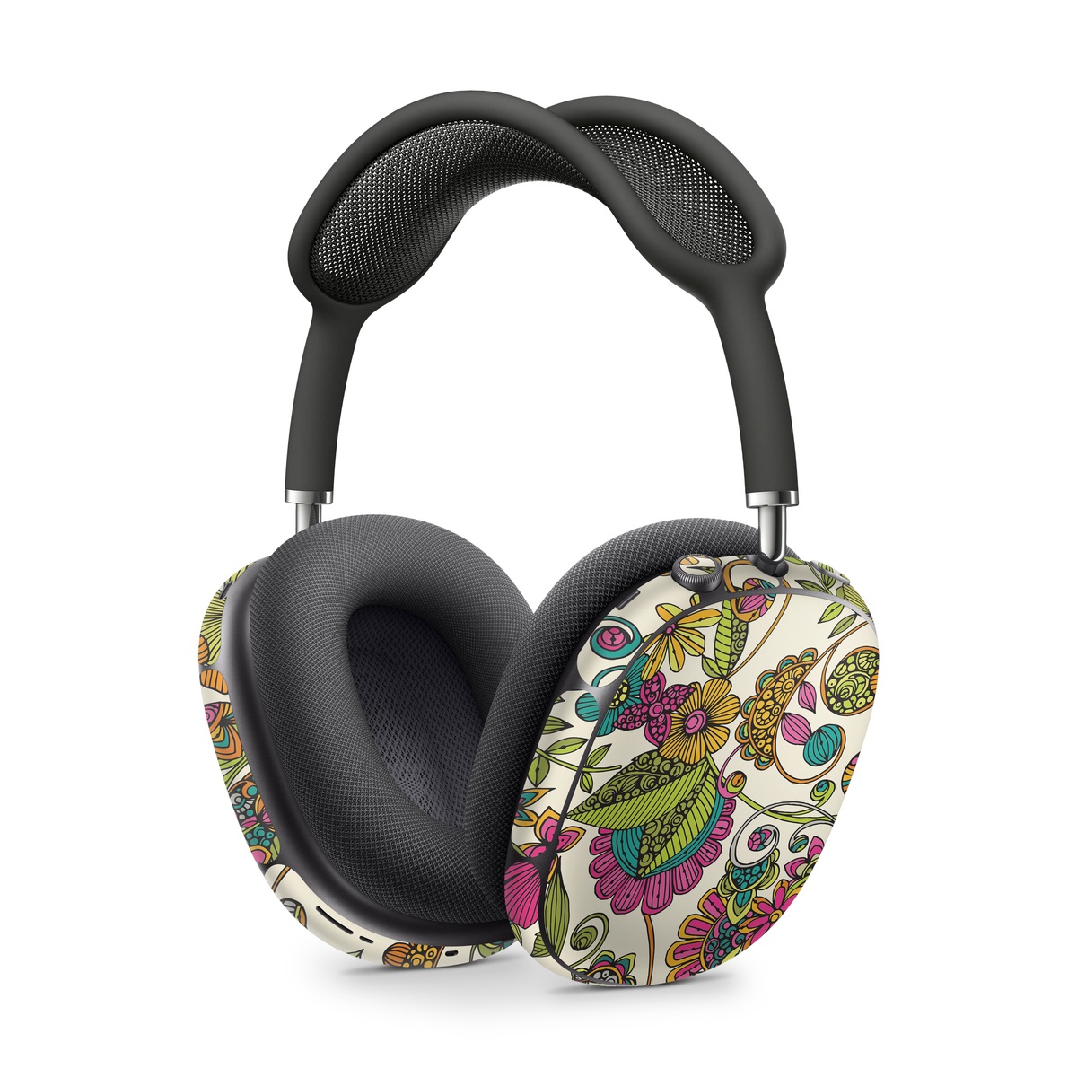 Apple AirPods Max Skin design of Pattern, Floral design, Motif, Design, Visual arts, Botany, Pedicel, Flower, Plant, Textile, with green, pink, orange, blue colors