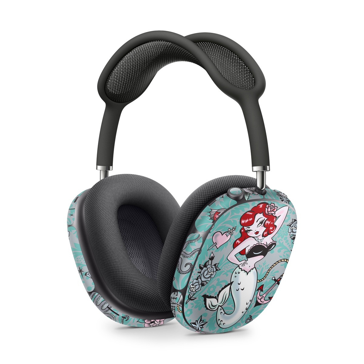 Apple AirPods Max Skin design of Mermaid, Illustration, Fictional character, Organism, Art, Pattern, Style, with gray, blue, black, red, white, pink colors