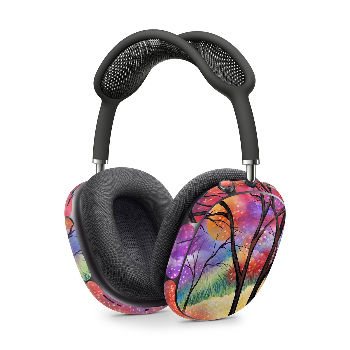 Apple AirPods Max Skin design of Nature, Tree, Natural landscape, Painting, Watercolor paint, Branch, Acrylic paint, Purple, Modern art, Leaf, with red, purple, black, gray, green, blue colors