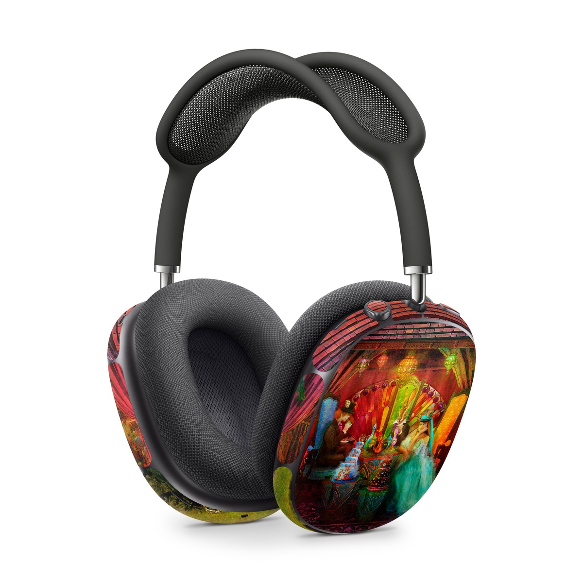 Apple AirPods Max Skin design of Hindu temple, Temple, Art, Painting, Place of worship, Stage, Fictional character, with black, red, green, blue, gray colors