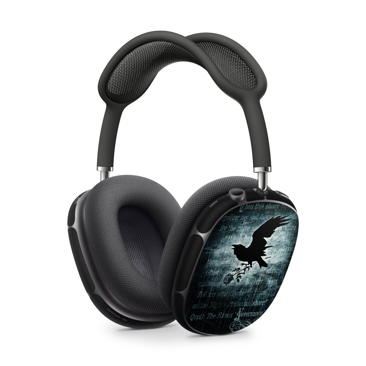 Apple AirPods Max Skin design of Bird, Text, Wing, Graphic design, Darkness, Font, Illustration, Graphics, with black, white, blue colors