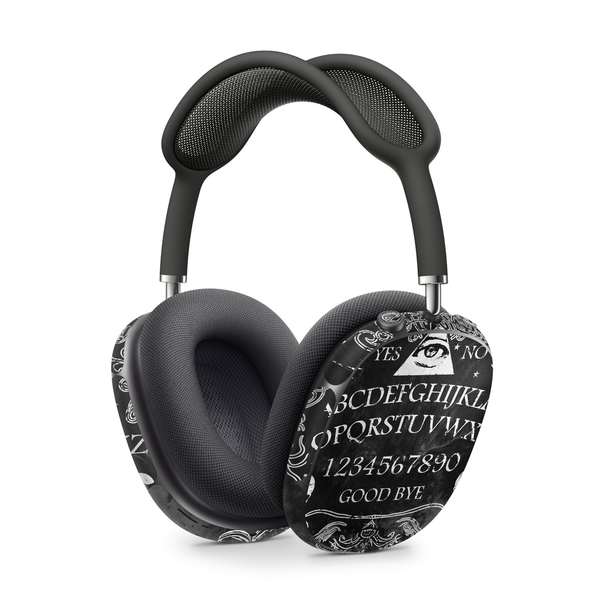 Apple AirPods Max Skin design of Text, Font, Pattern, Design, Illustration, Headpiece, Tiara, Black-and-white, Calligraphy, Hair accessory, with black, white, gray colors