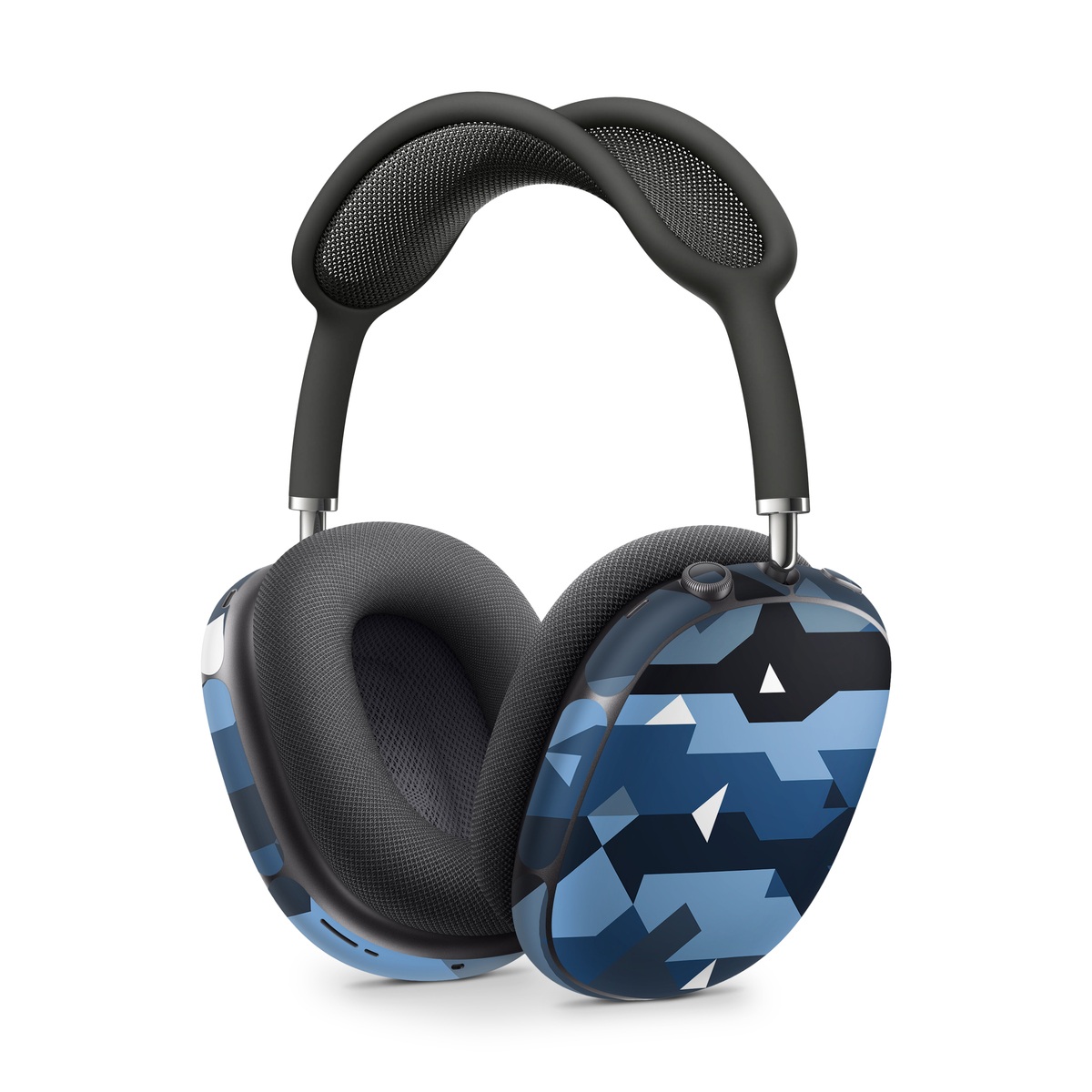 Apple AirPods Max Skin design of Blue, Pattern, Design, Font, Line, Camouflage, Illustration, Triangle, with blue, black, white, gray colors