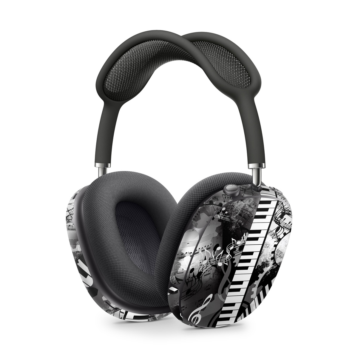 Apple AirPods Max Skin design of Music, Monochrome, Black-and-white, Illustration, Graphic design, Musical instrument, Technology, Musical keyboard, Piano, Electronic instrument, with black, gray, white colors