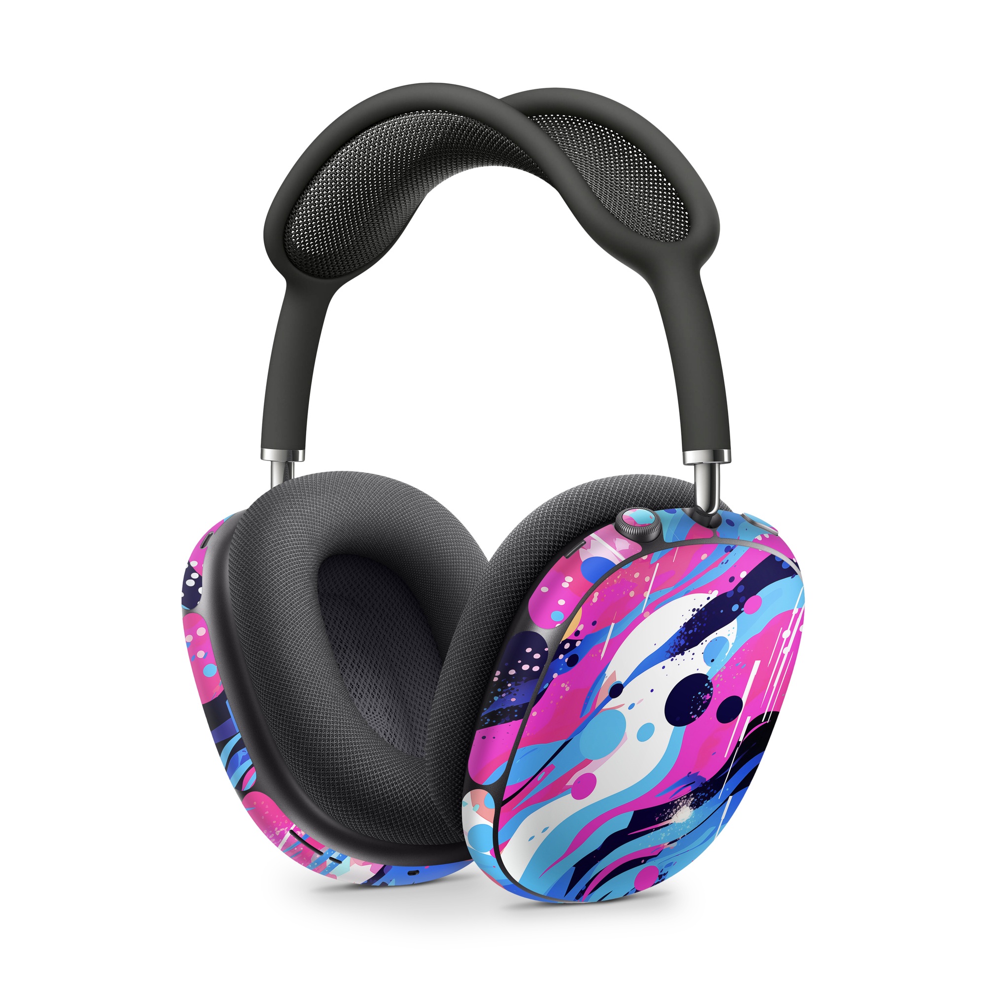 Apple AirPods Max Skin design of Organism, Art, Line, Font, Magenta, Art paint, Paint, Pattern, Electric blue, Tints and shades, with pink, blue, white, black, orange colors