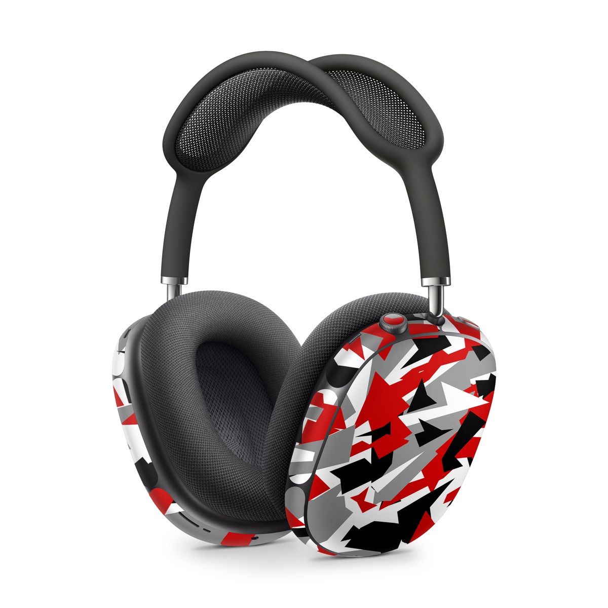 Apple AirPods Max Skin design of Red, Pattern, Font, Design, Textile, Carmine, Illustration, Flag, Crowd, with red, white, black, gray colors