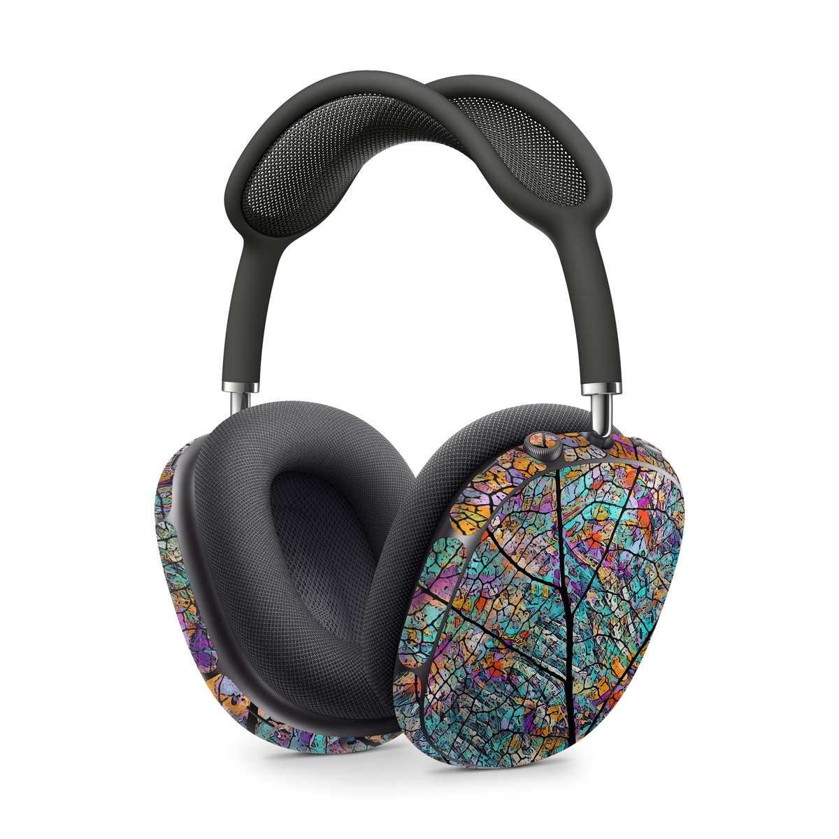 Apple AirPods Max Skin design of Pattern, Colorfulness, Line, Branch, Tree, Leaf, Design, Visual arts, Glass, Plant, with black, gray, red, blue, green colors