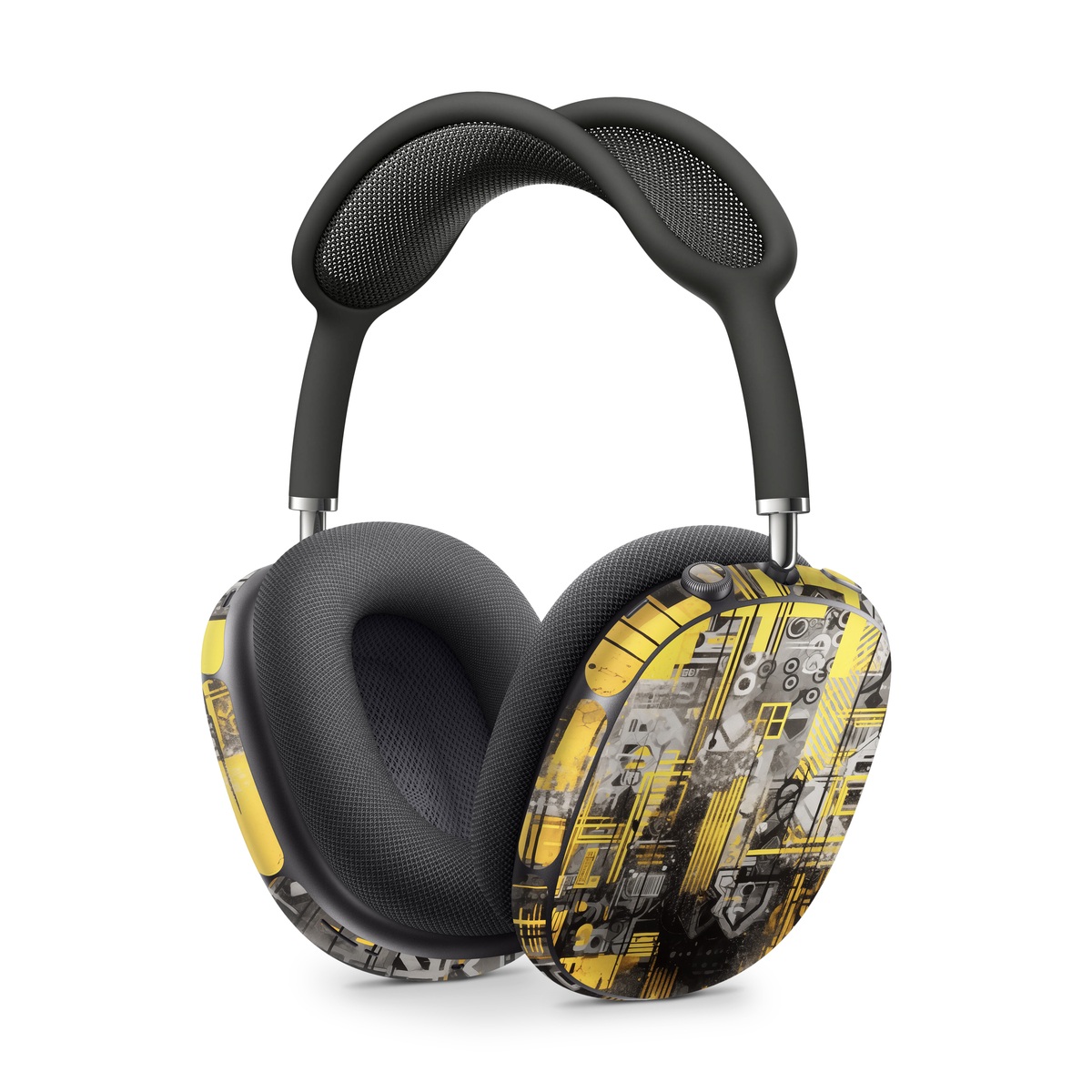 Apple AirPods Max Skin design of Rectangle, Yellow, Font, Art, City, Engineering, Tints and shades, Pattern, Symmetry, Space, with black, white, gray, yellow colors