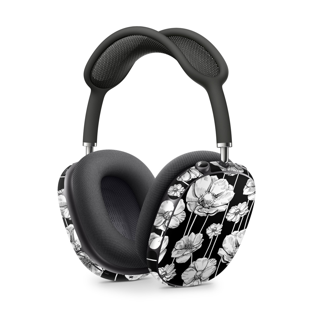 Apple AirPods Max Skin design of Flower, Black-and-white, Plant, Botany, Petal, Design, Wildflower, Monochrome photography, Pattern, Monochrome, with black, gray, white colors