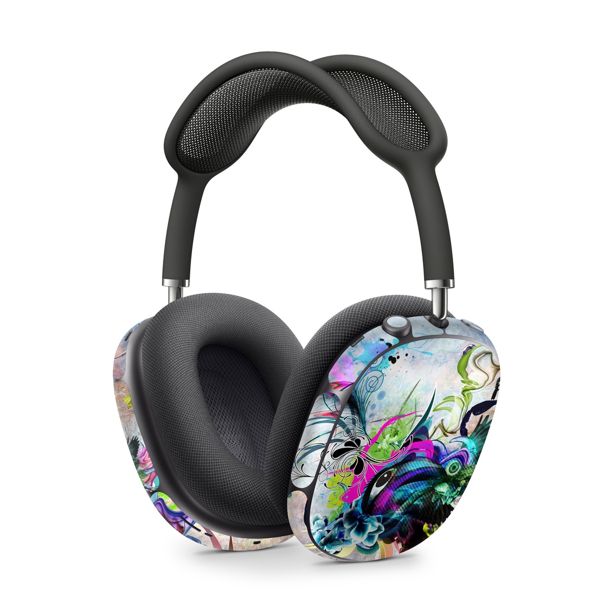 Apple AirPods Max Skin design of Graphic design, Psychedelic art, Art, Illustration, Purple, Visual arts, Graffiti, Street art, Design, Painting, with gray, black, blue, green, purple colors