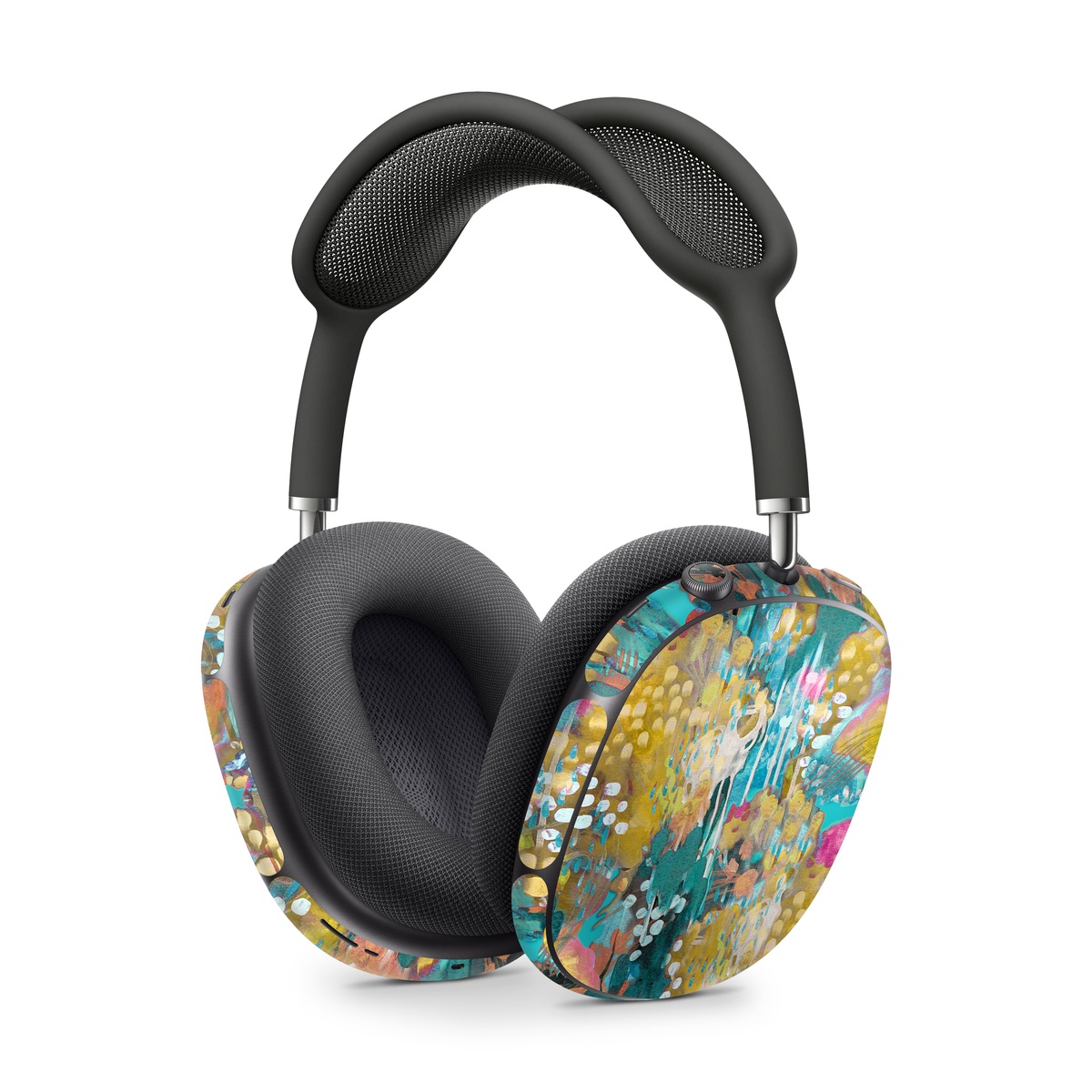 Apple AirPods Max Skin design of Pattern, Textile, Design, Art, Visual arts, Wildflower, with green, gray, blue, black, red colors