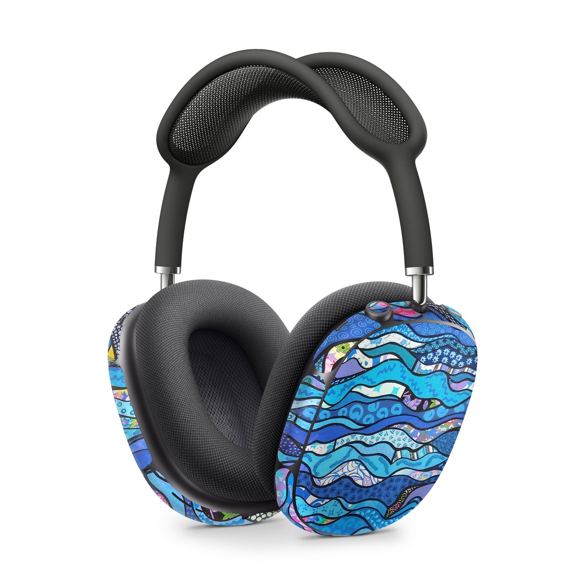 Apple AirPods Max Skin design of Blue, Pattern, Aqua, Water, Line, Design, Textile, Psychedelic art, Electric blue, with blue, black, gray, purple colors