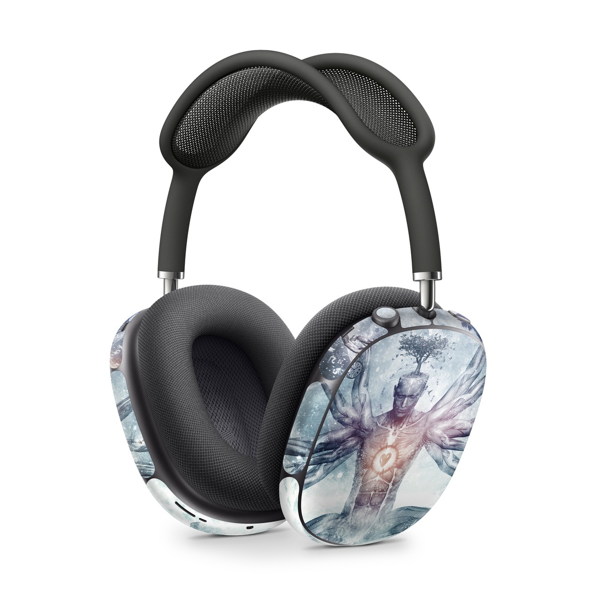 Apple AirPods Max Skin design of Mythology, Cg artwork, Water, Illustration, Fictional character, Space, Graphics, Art, Graphic design, with blue, red, orange, black, white colors