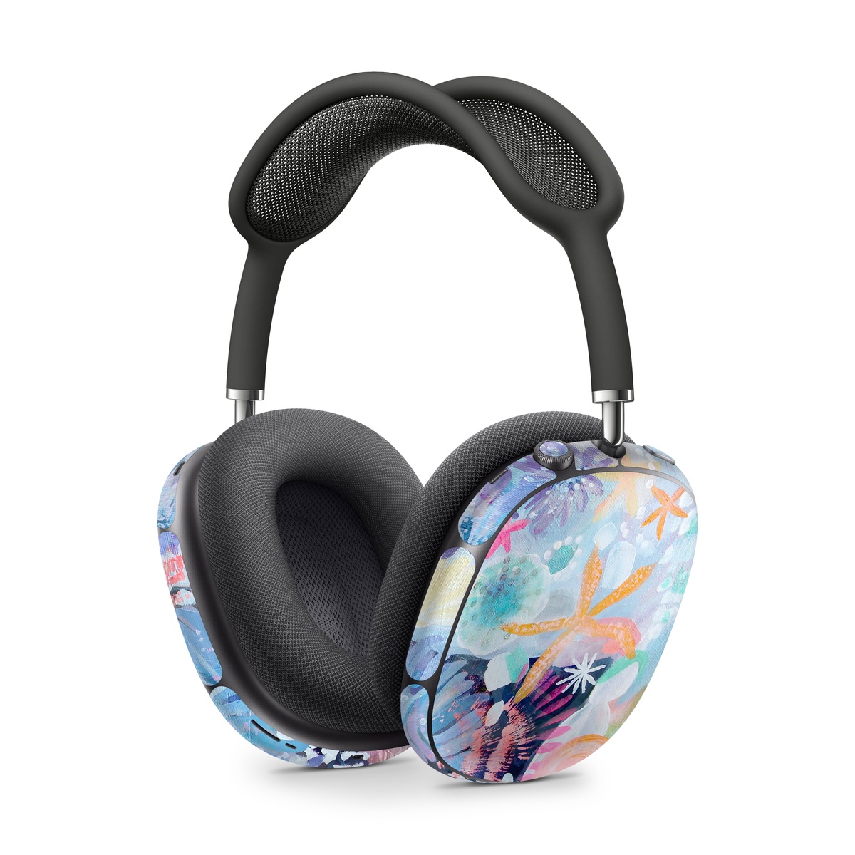 Apple AirPods Max Skin design of Pattern, Aqua, Textile, Design, Watercolor paint, Visual arts, Flower, Art, Plant, Illustration, with blue, orange, pink, purple, green, white colors