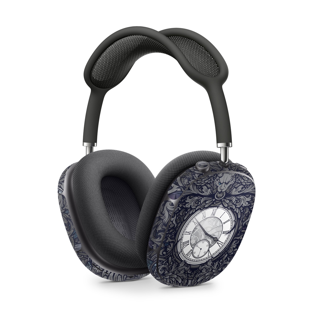 Apple AirPods Max Skin design of Blue, Pattern, Psychedelic art, Design, Circle, Art, Font, Graphic design, Visual arts, Illustration, with black, gray colors