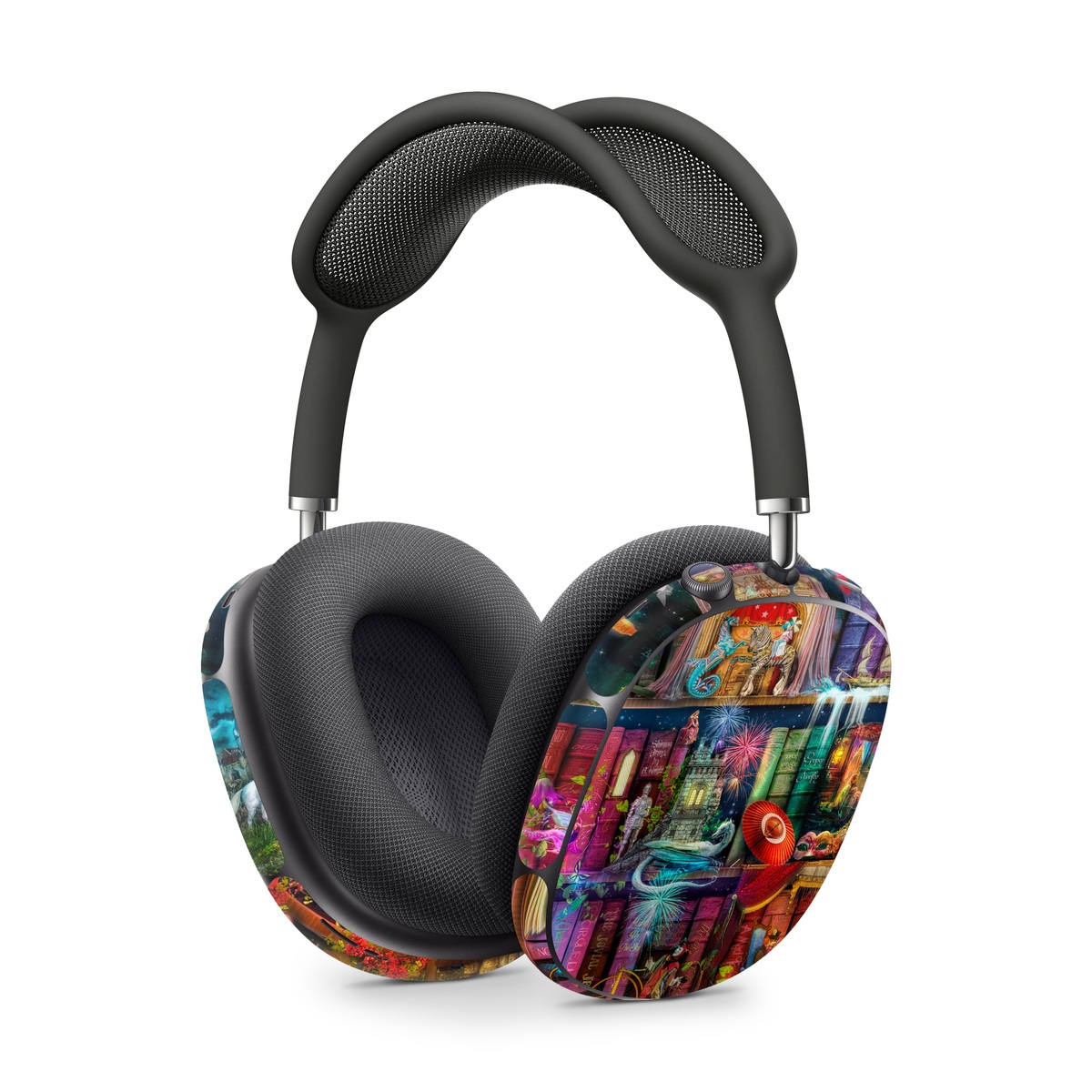 Apple AirPods Max Skin design of Painting, Art, Theatrical scenery, with black, red, gray, green, blue colors