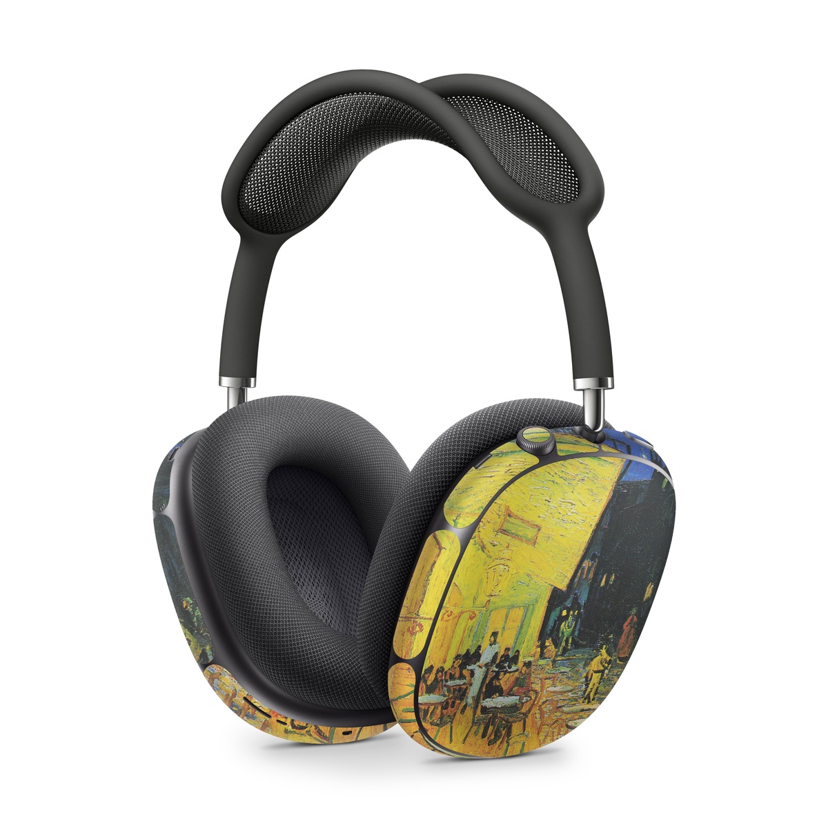 Apple AirPods Max Skin design of Painting, Art, Yellow, Watercolor paint, Illustration, Modern art, Visual arts, Street, Infrastructure, Tree, with green, black, blue, gray, red colors