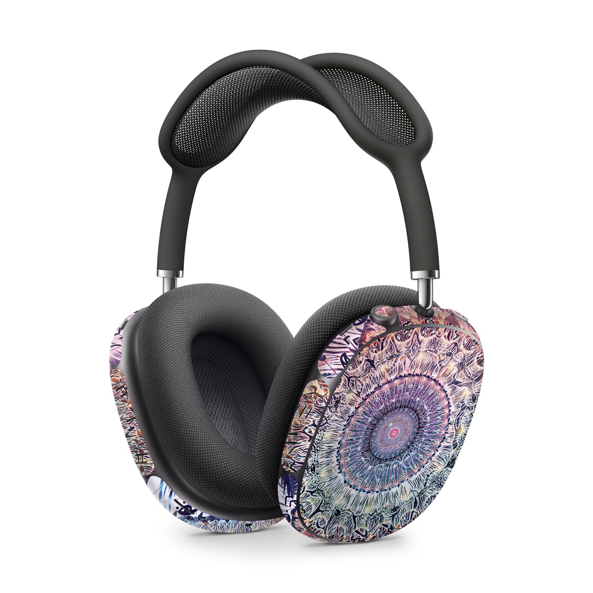 Apple AirPods Max Skin design of Tapestry, Pattern, Art, Close-up, Circle, Fractal art, Textile, Eye, Design, Kaleidoscope, with blue, red, yellow, purple, green colors
