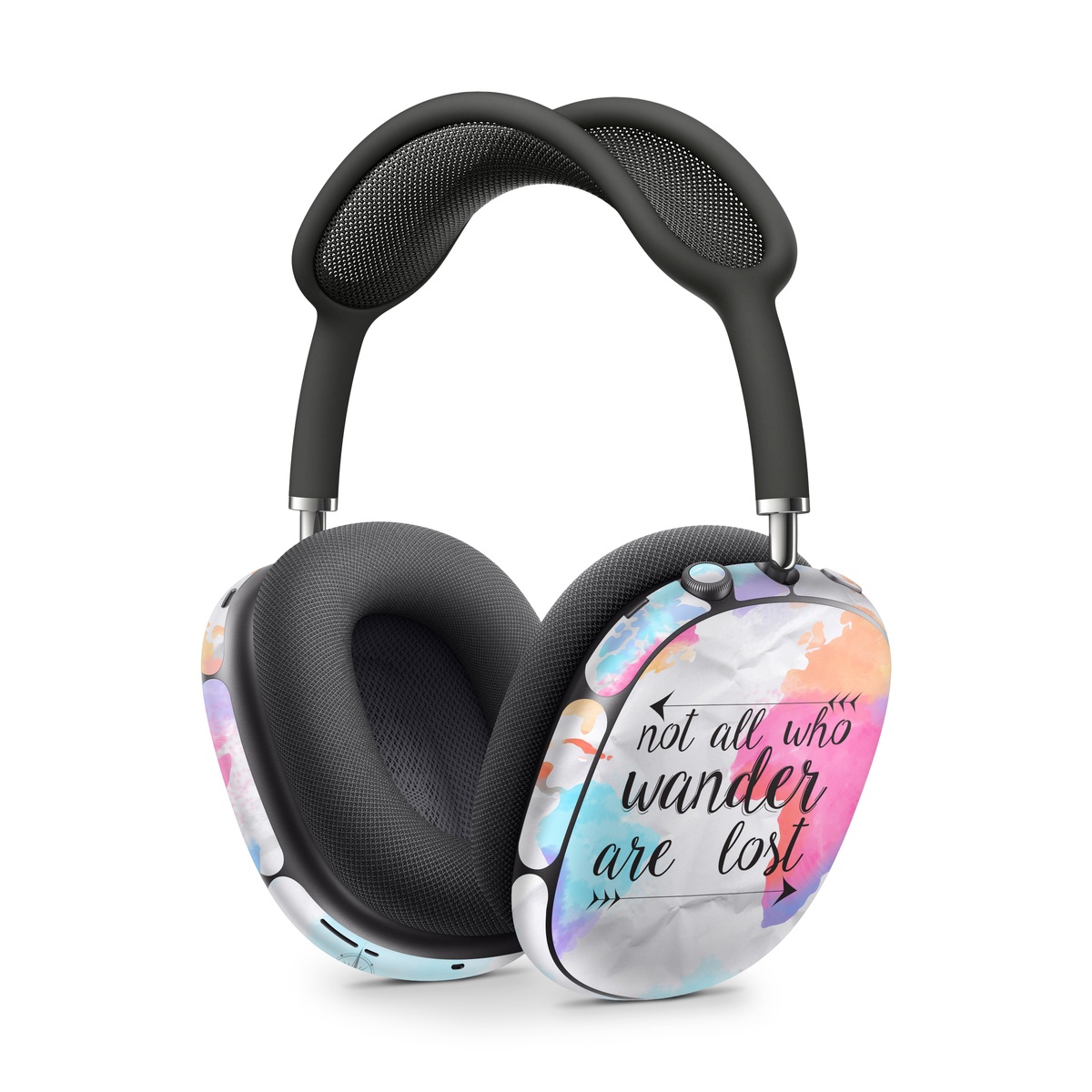 Apple AirPods Max Skin design of Font, Text, Calligraphy, Graphics, with black, white, orange, pink, red, blue, purple, yellow colors