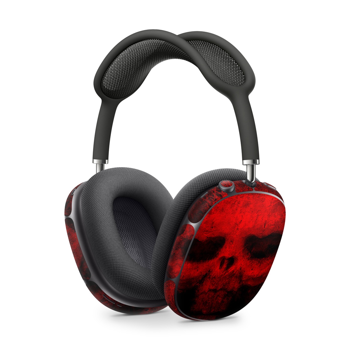 Apple AirPods Max Skin design of Red, Skull, Bone, Darkness, Mouth, Graphics, Pattern, Fiction, Art, Fractal art, with black, red colors