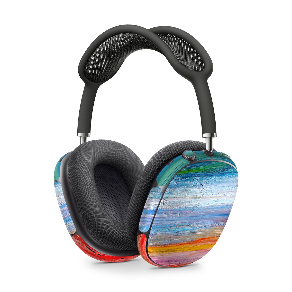 Apple AirPods Max Skin design of Sky, Painting, Acrylic paint, Modern art, Watercolor paint, Art, Horizon, Paint, Visual arts, Wave, with gray, blue, red, black, pink colors
