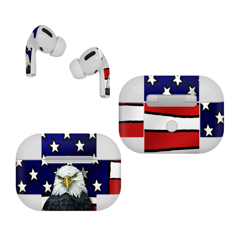 Apple AirPods Pro Skin design of Bald eagle, Eagle, Bird, Bird of prey, Accipitridae, Beak, Accipitriformes, Sea eagle, Flag, with white, gray, blue, yellow, red colors