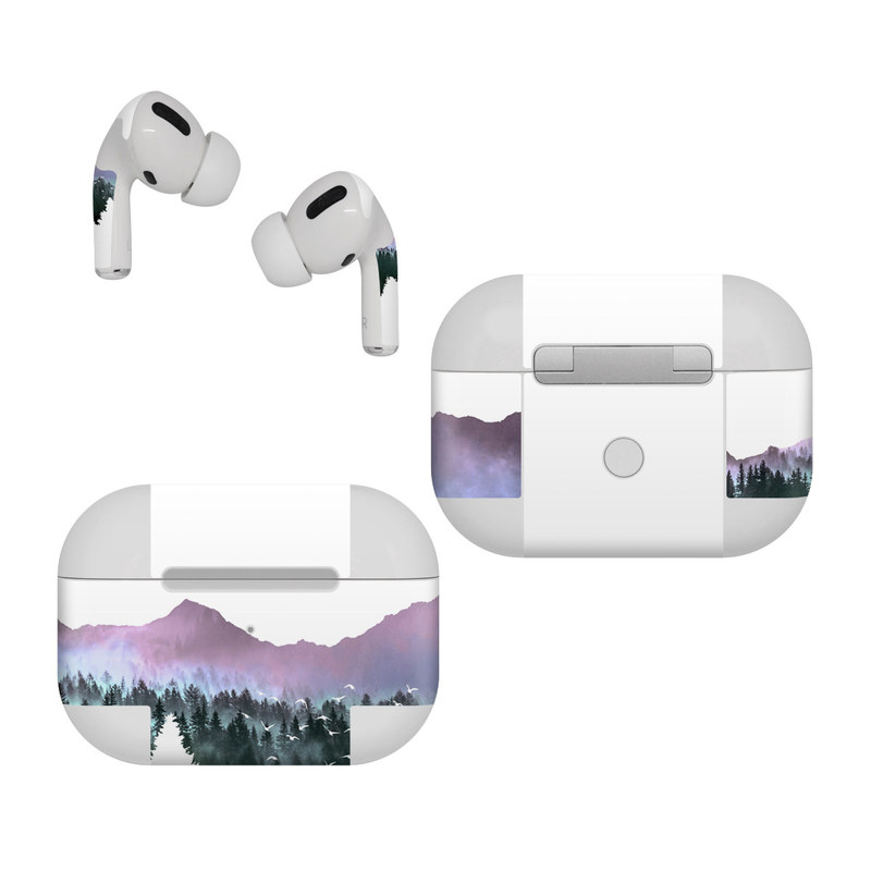 Apple AirPods Pro Skin design of Nature, Mountainous landforms, Mountain, Atmospheric phenomenon, Tree, Wilderness, Sky, Mountain range, Forest, Hill, with white, black, purple, blue, green colors