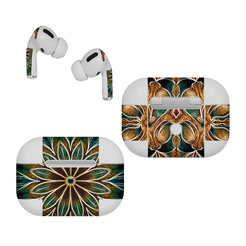 Apple AirPods Pro Skin design of Pattern, Symmetry, Textile, Art, Psychedelic art, Tapestry, Design, Visual arts, Kaleidoscope, Motif, with green, orange, yellow, brown, red colors