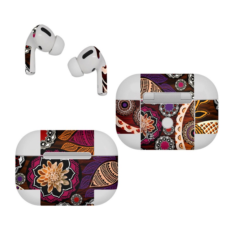 Apple AirPods Pro Skin design of Pattern, Motif, Visual arts, Design, Art, Floral design, Textile, Paisley, Tapestry, Circle, with brown, purple, red, white, black colors