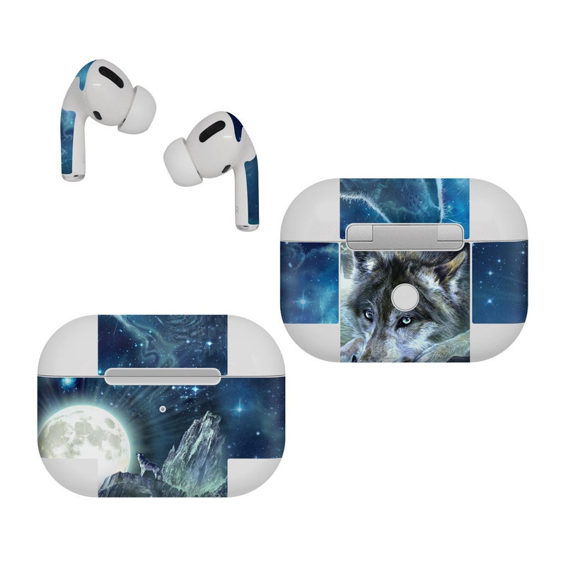 Apple AirPods Pro Skin design of Cg artwork, Fictional character, Darkness, Werewolf, Illustration, Wolf, Mythical creature, Graphic design, Dragon, Mythology, with black, blue, gray, white colors