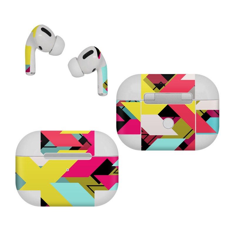 Apple AirPods Pro Skin design of Pattern, Graphic design, Line, Design, Triangle, Font, Illustration, Magenta, Visual arts, with yellow, blue, white, black, red, pink colors