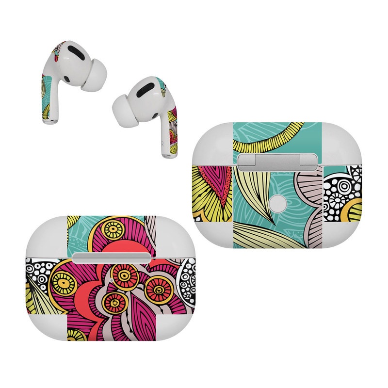 Apple AirPods Pro Skin design of Pattern, Visual arts, Motif, Floral design, Design, Art, Plant, Flower, Organism, Textile, with red, yellow, blue, gray, pink colors