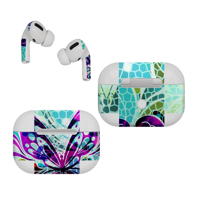 Apple AirPods Pro Skin design of Butterfly, Pattern, Insect, Moths and butterflies, Purple, Graphic design, Design, Pollinator, Visual arts, Magenta, with blue, green, purple colors